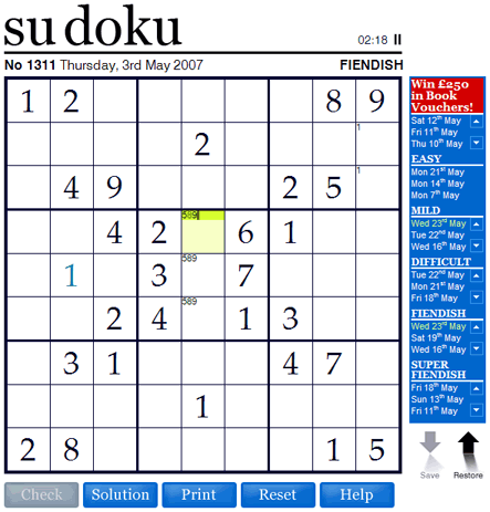 Interactive Times Online Sudoku game